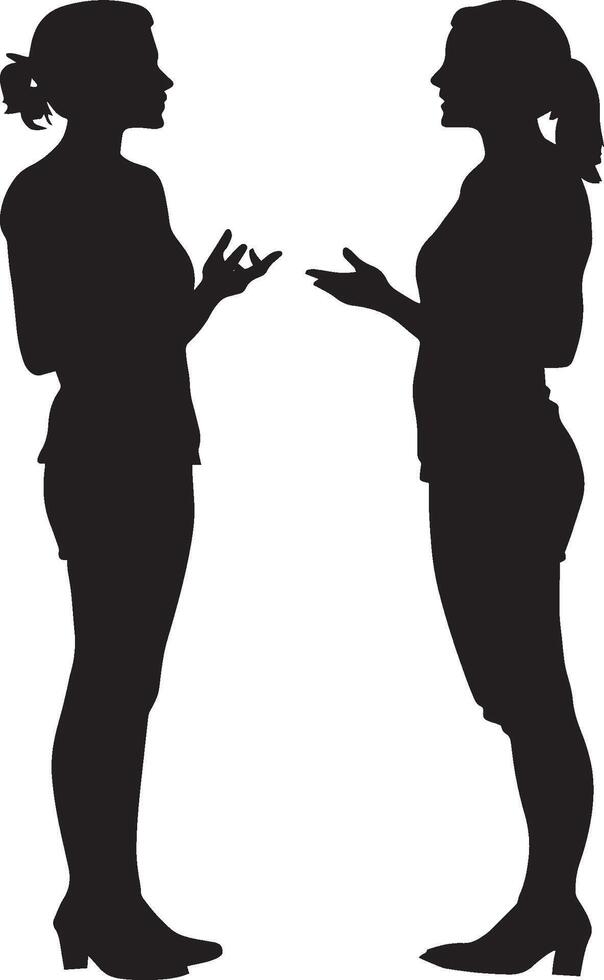 wo women conversing, gesturing while talking, portrayed in a full-length black silhouette. vector