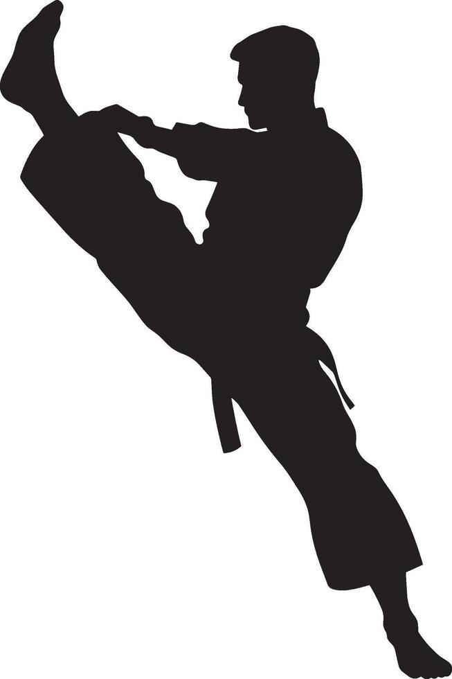 Black illustration of a fighter striking with a raised leg. vector