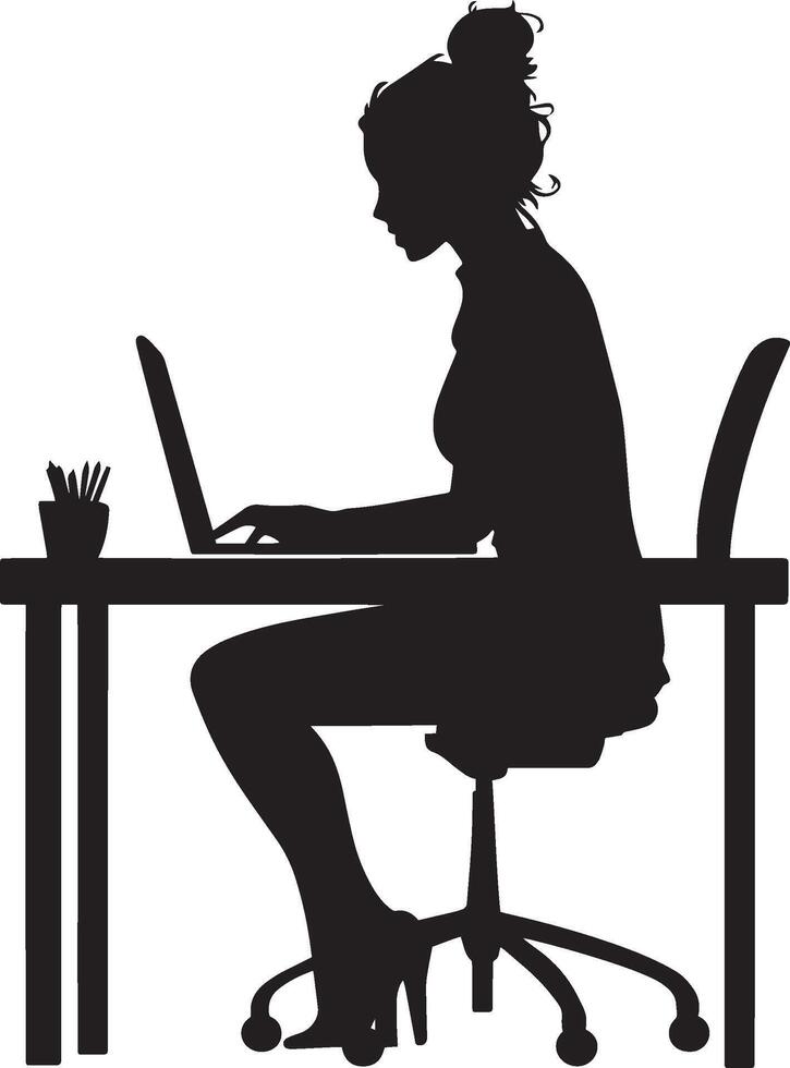 A woman sitting at a desk, hands on the laptop keyboard, shown in a full-length silhouette. vector
