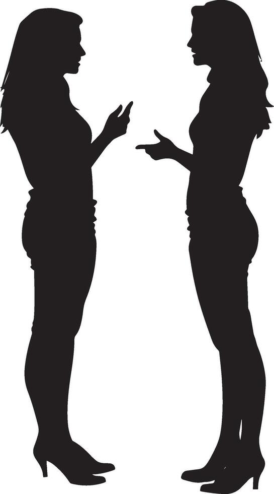 Two women standing close together, gesturing while talking, depicted in a full-length black silhouette. vector