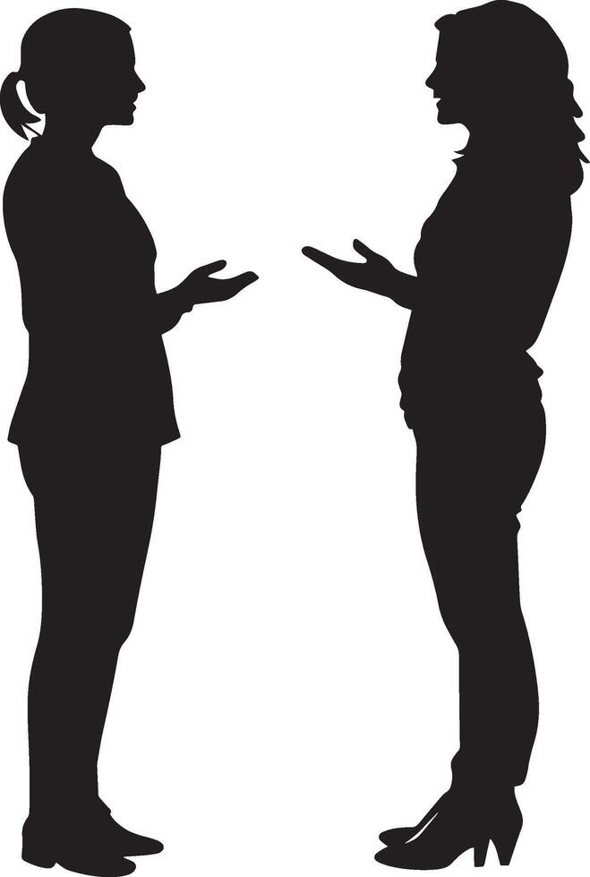 Two women standing close, talking and gesturing, captured in a full-length silhouette. vector