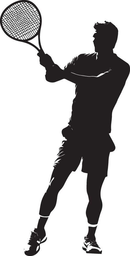 Man with Tennis Racket Silhouette A full-length silhouette of a player with his arm stretched out in a swinging motion. vector