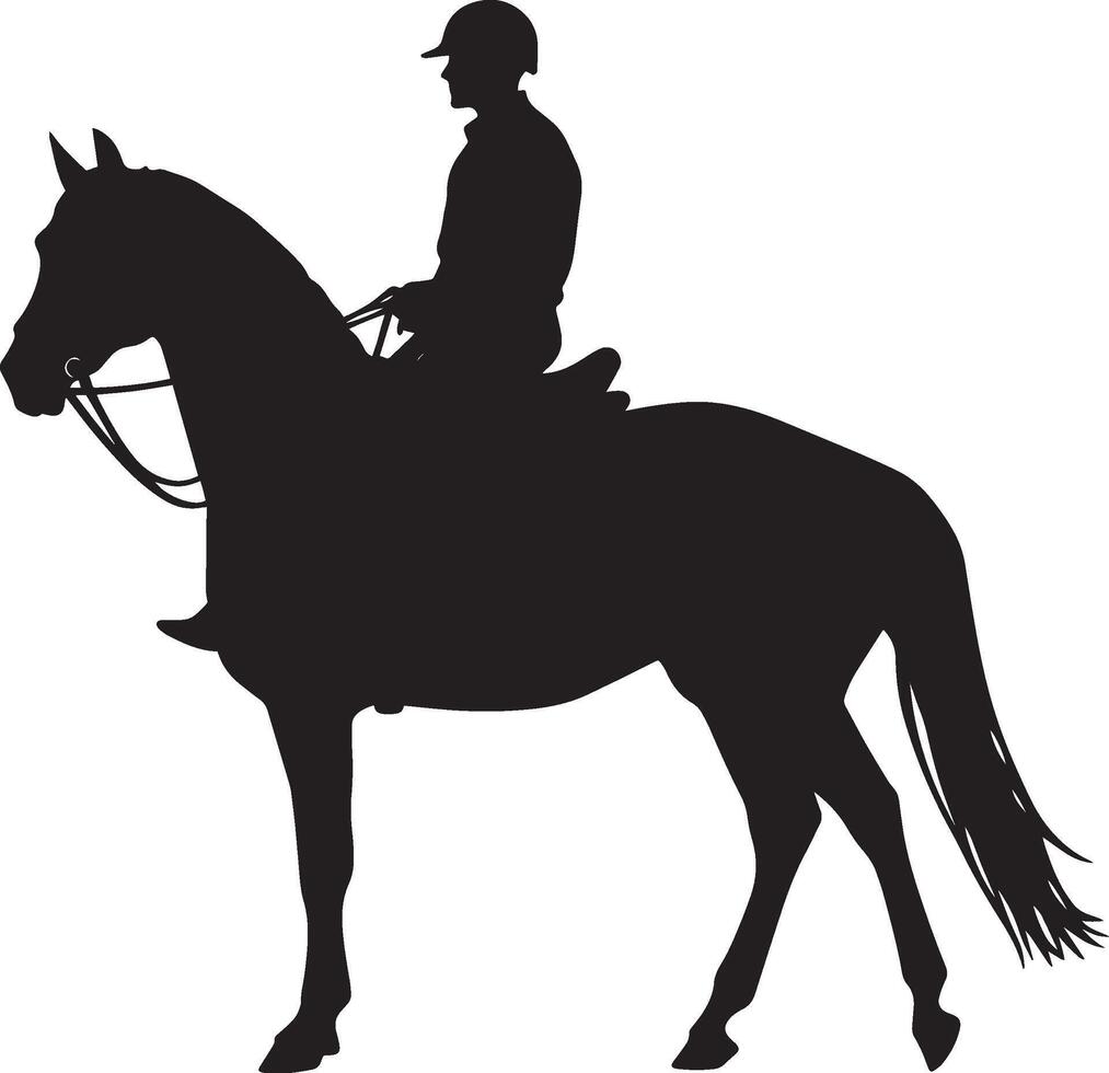 A man seated on a horse, reins in hand, shown in a full-length silhouette. vector
