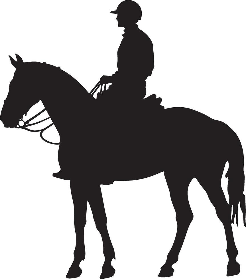A man sitting on horseback, holding the reins, depicted in a full-length black silhouette. vector