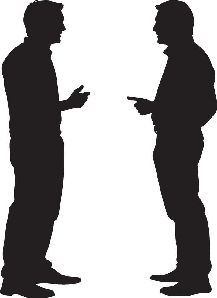 Full-Length Silhouette of Two Friends A black illustration of two men talking face-to-face. vector