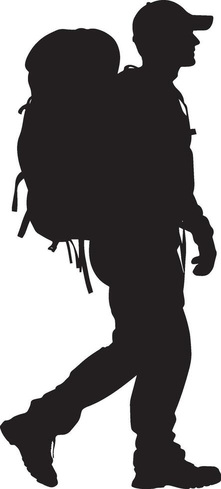 Silhouette of a Hiker with a Backpack Full-length black illustration of a man walking with a large pack. vector