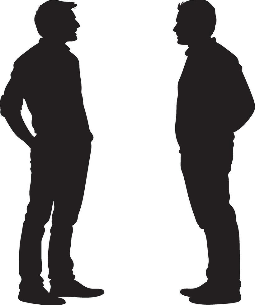 A black image of two men standing and having a discussion. vector