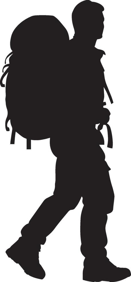 A traveler carrying a heavy backpack, depicted in a black illustration. vector