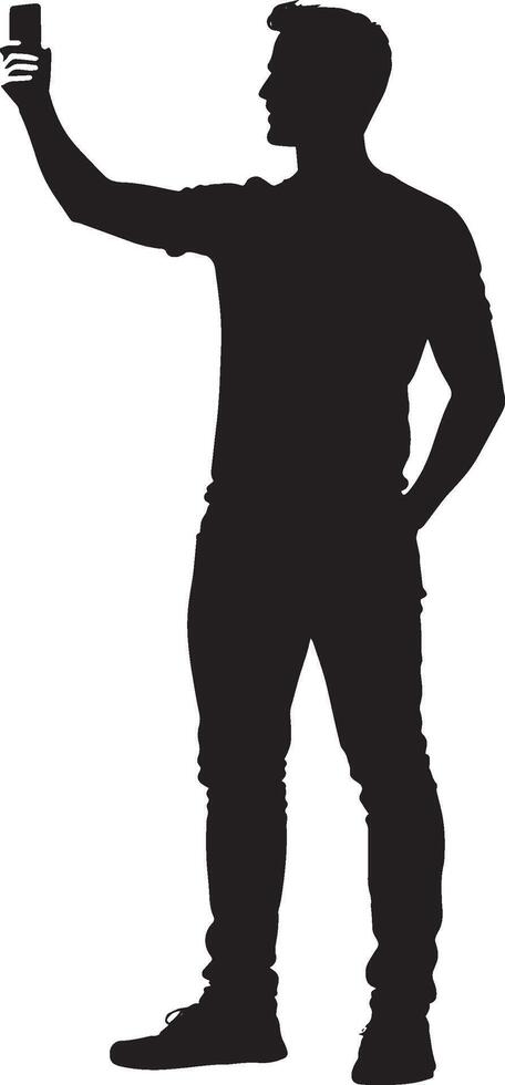 A black illustration of a person capturing a selfie. vector