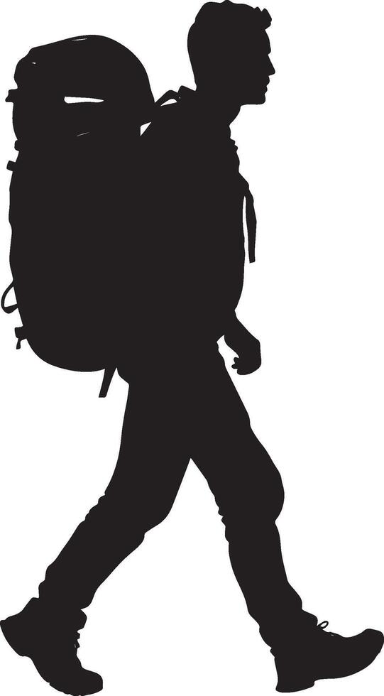 A full-length black image of a man hiking with a backpack vector