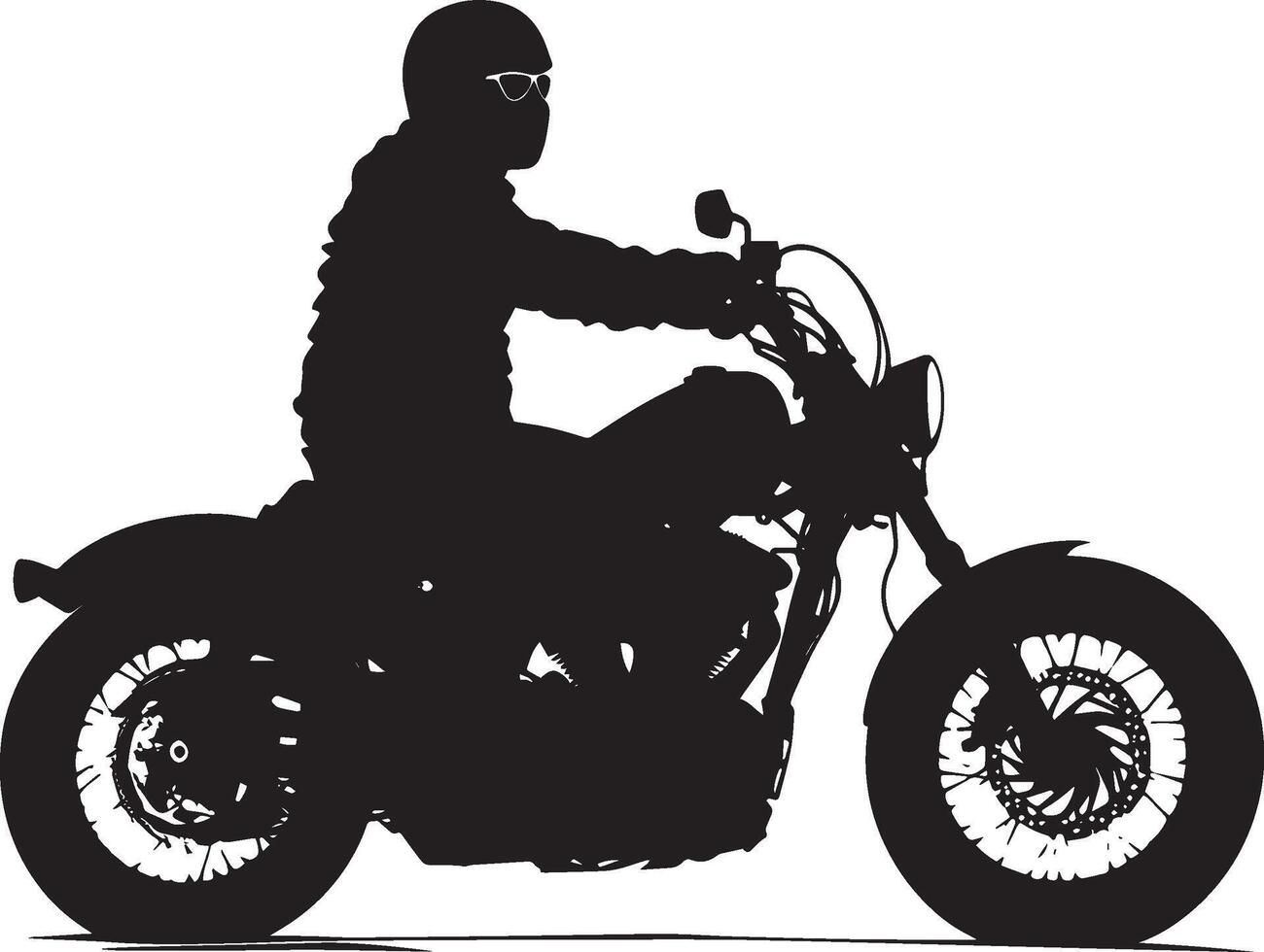 Black illustration of a man riding a motorcycle in full-length silhouette. vector