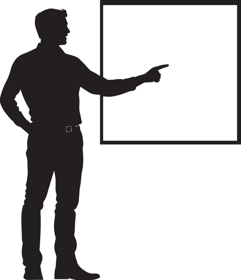 Business Presentation Silhouette A man extending his arm towards a board in a black illustration. vector