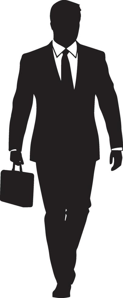 A black image of a man in a suit, confidently walking with a briefcase. vector