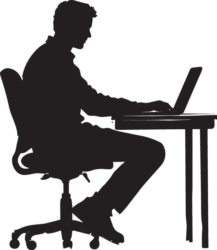 A man sitting at a desk, hands on the keyboard, depicted in a black illustration vector