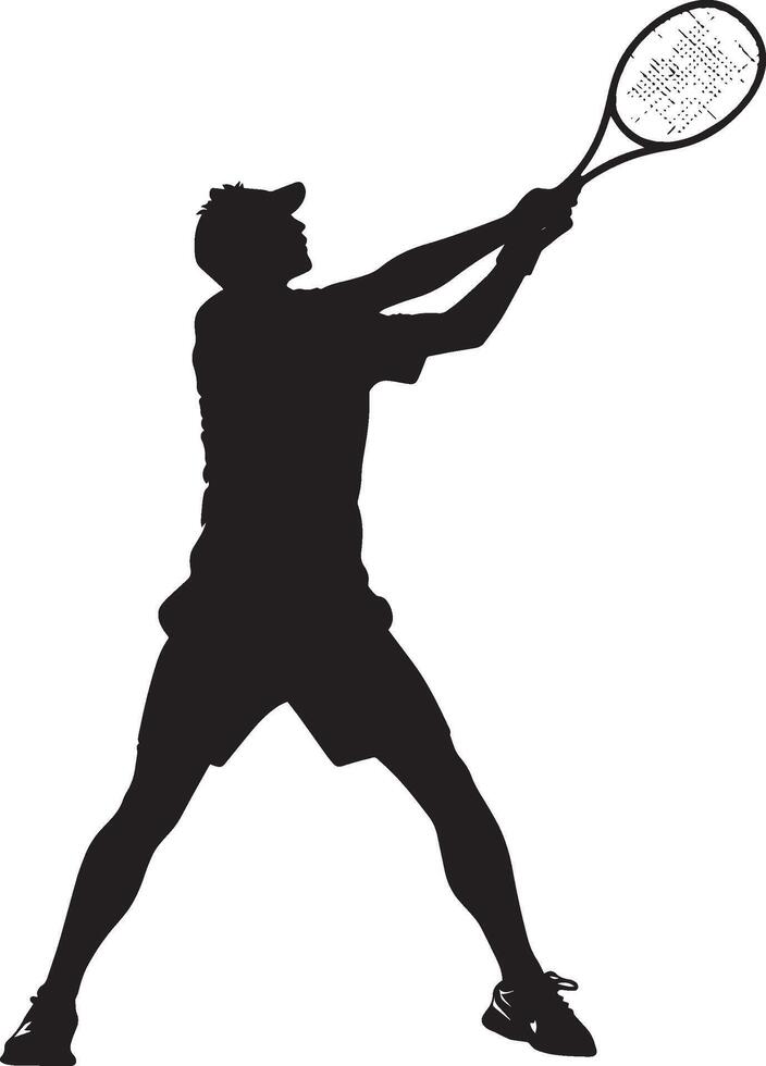 Silhouette of a Tennis Player Full-length black illustration of a man with a racket, arm extended. vector