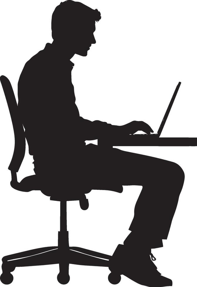 A black image of a man focused on his work, seated at a desk with his hands on the keyboard. vector