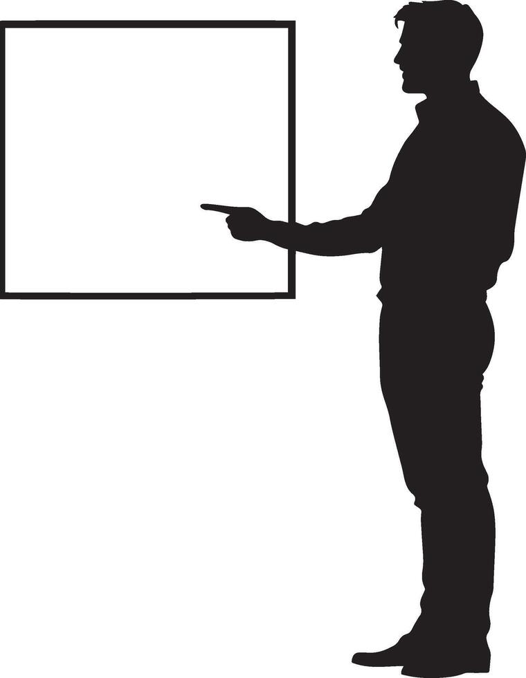 Silhouette of a Man Presenting Full-length black illustration of a speaker pointing at a board. vector