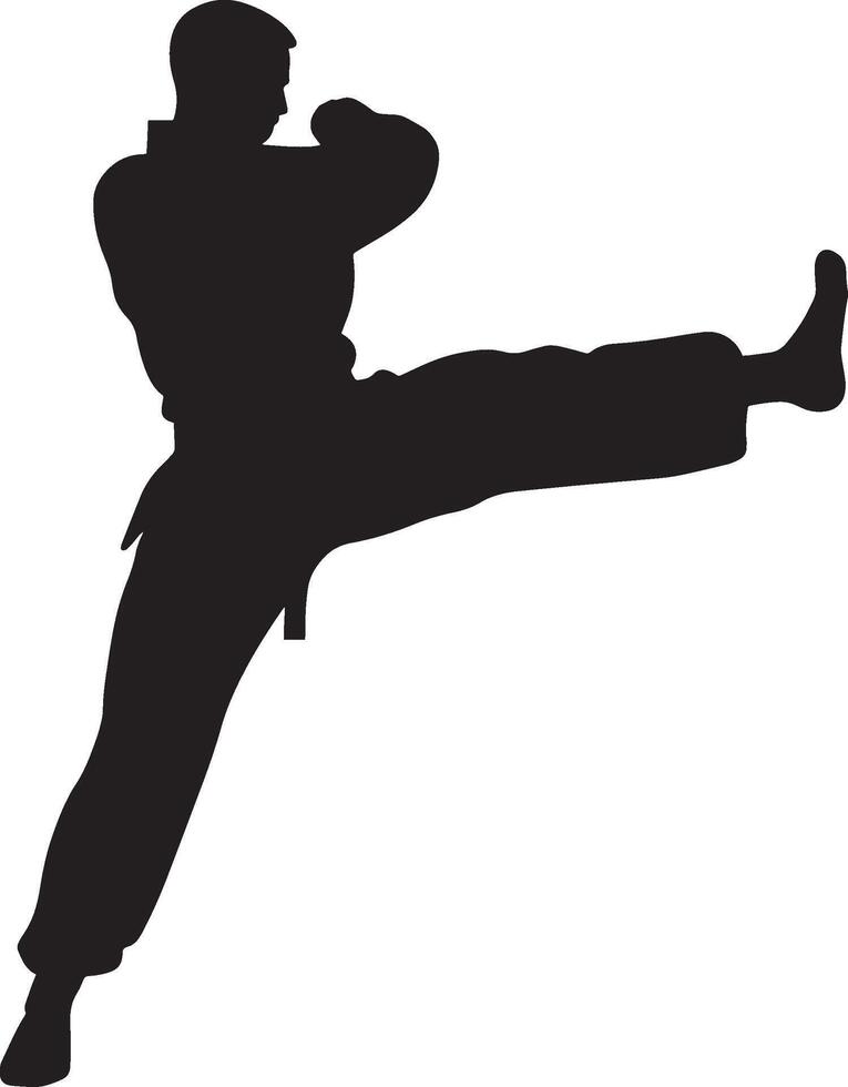 A martial artist with one leg raised in a dynamic kicking pose. vector