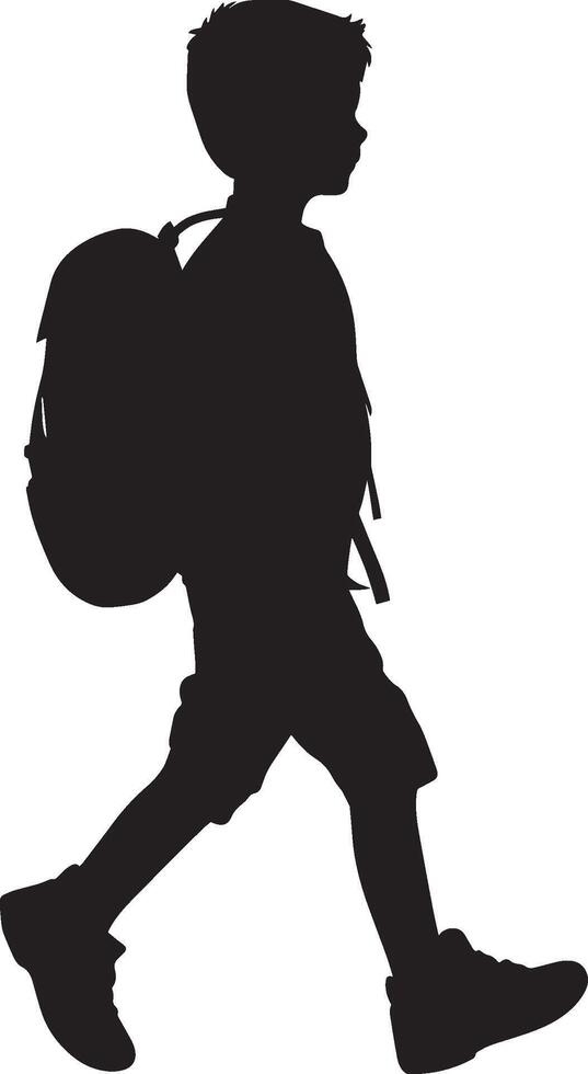 Black illustration of a child walking forward with a backpack. vector
