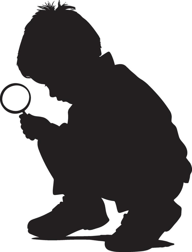 Child with Magnifying Glass Silhouette A black image of a child crouching and examining an object with a magnifying glass. vector