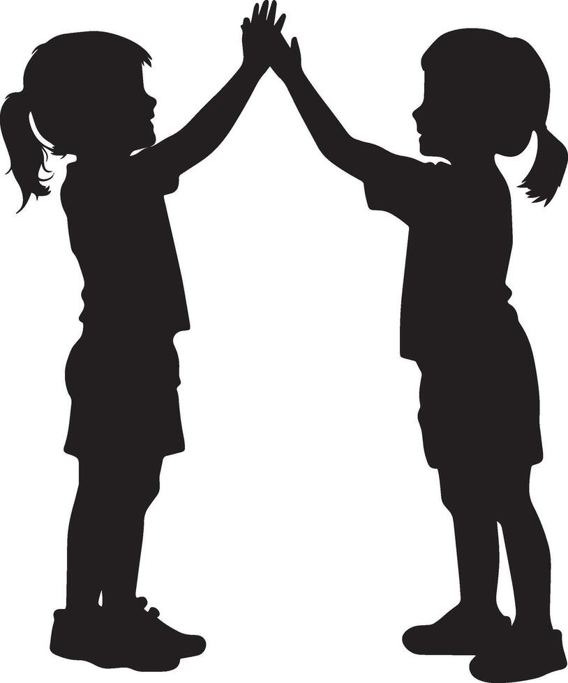 Full-Length Silhouette of a High-Five Moment Black illustration of two children celebrating with a high-five. vector