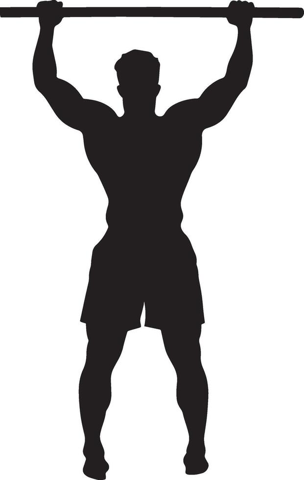 Silhouette of a Man Doing a Pull-Up Full-length black illustration of a person gripping a bar with his body lifted. vector