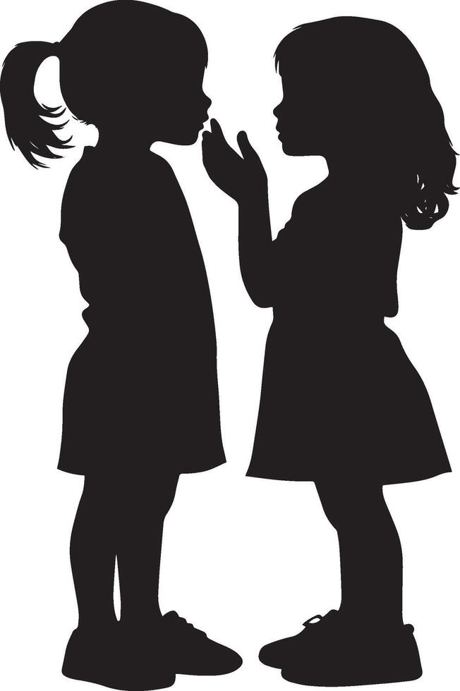 Silhouette of a Child Whispering a Secret Full-length black illustration of one child leaning close, hand cupped near anothers ear. vector