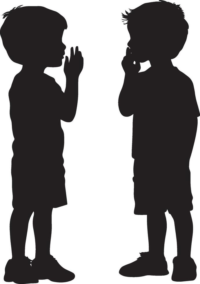 Illustration of Whispering Silhouette of a child leaning in with hand cupped near a friend ear. vector