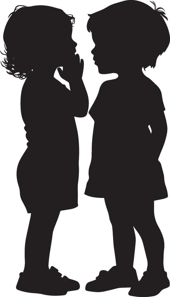 Whispering to a Friend Silhouette A black image of a child leaning in to whisper, hand cupped near the ear of another. vector