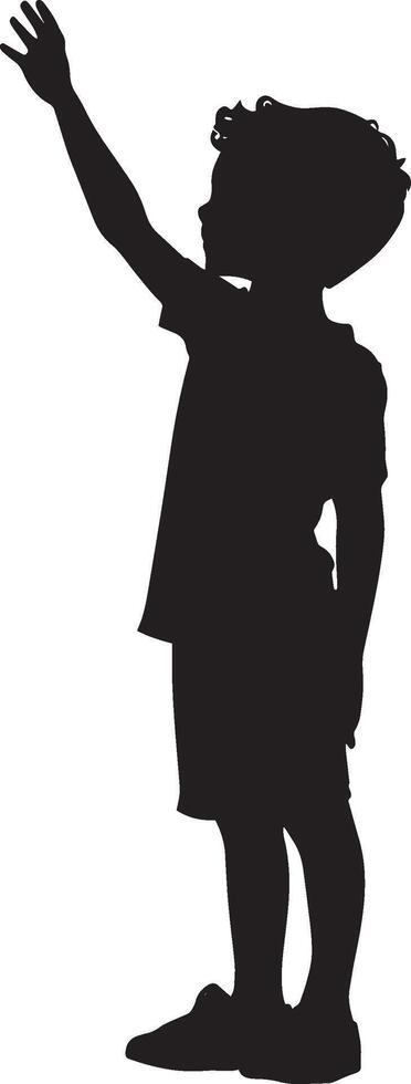 Silhouette of a Child Waving Full-length black illustration of a kid standing with one arm raised in a wave. vector