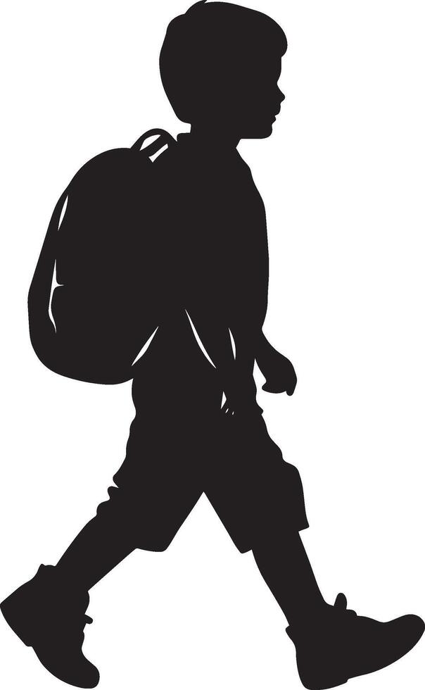 Full-length silhouette of a kid heading forward with a backpack, ready for the journey. vector