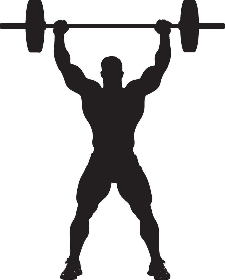 Illustration of Weightlifting Silhouette of a man performing a bicep curl or pressing a barbell overhead. vector