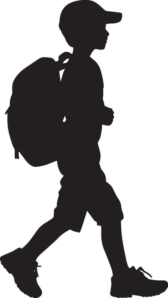 A black image of a child walking with a backpack, prepared for an adventure. vector