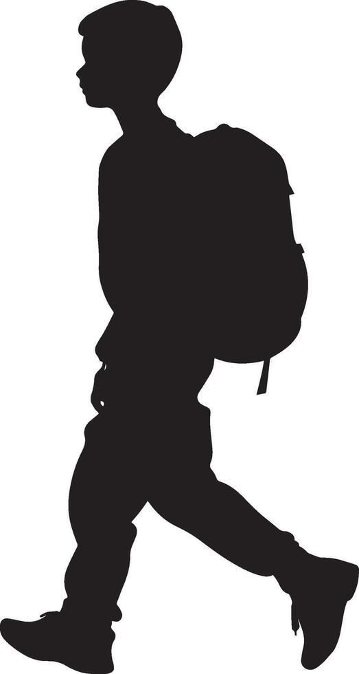 Full-length black illustration of a kid walking forward, ready for adventure. vector