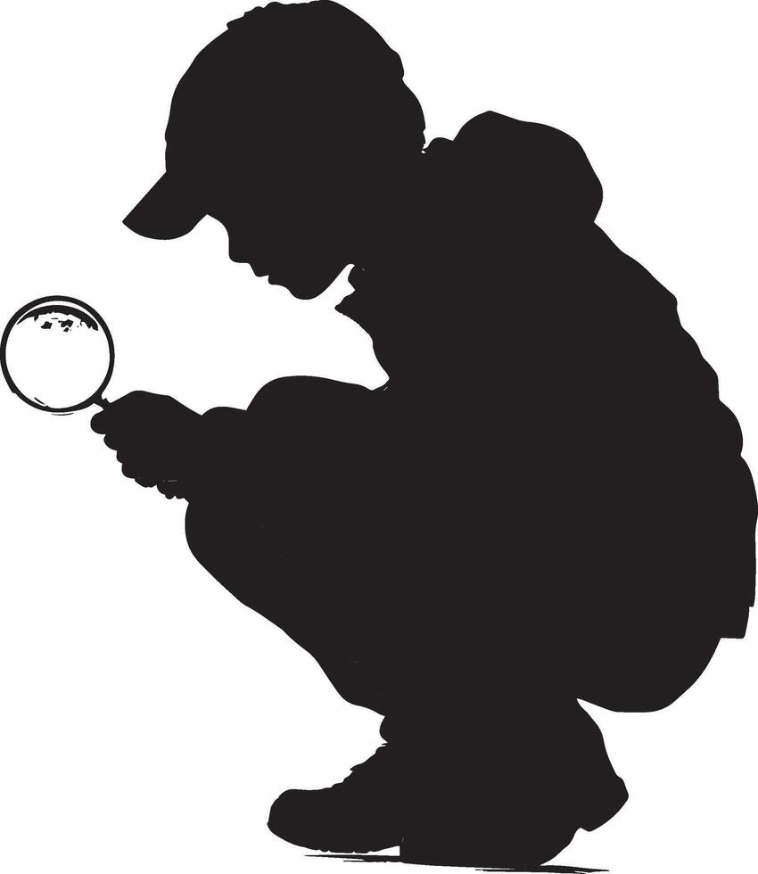 Silhouette of a Child Holding a Magnifying Glass Full-length black illustration of a kid crouched down, closely examining something. vector