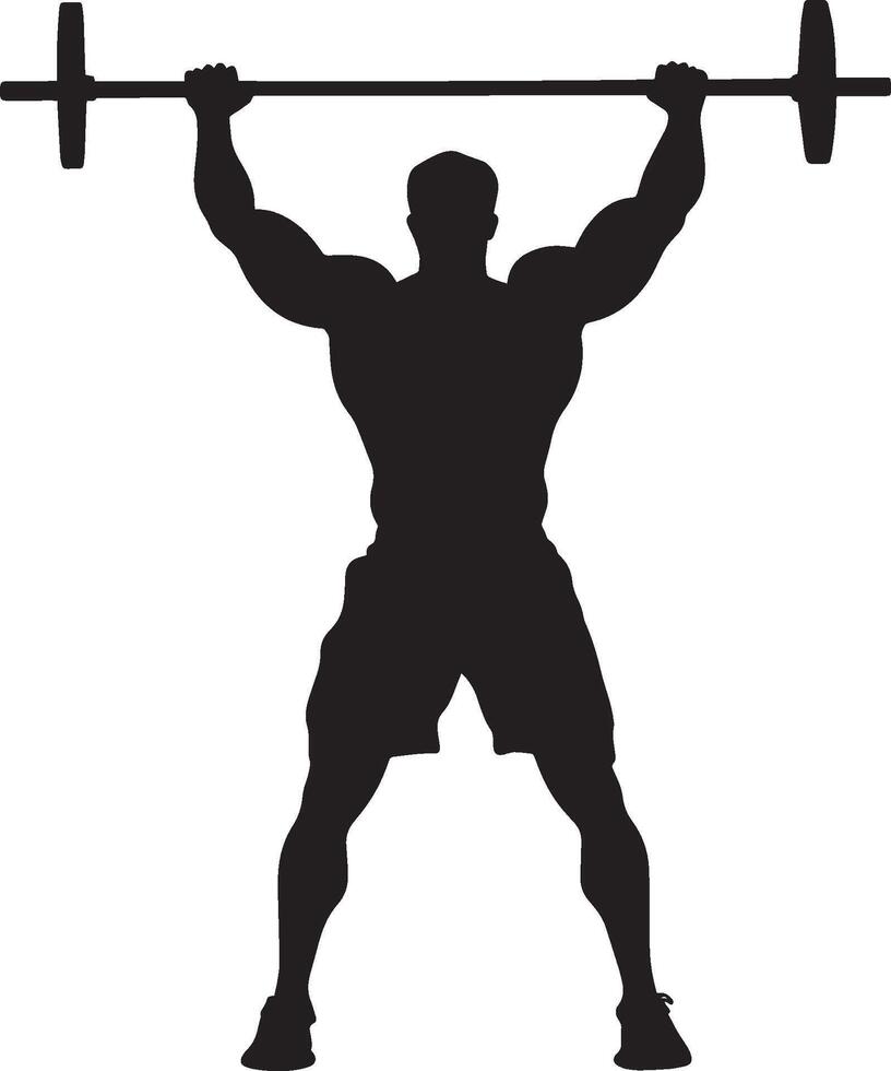 Silhouette of a Weightlifter Full-length black illustration of a man holding a barbell overhead or performing a bicep curl. vector