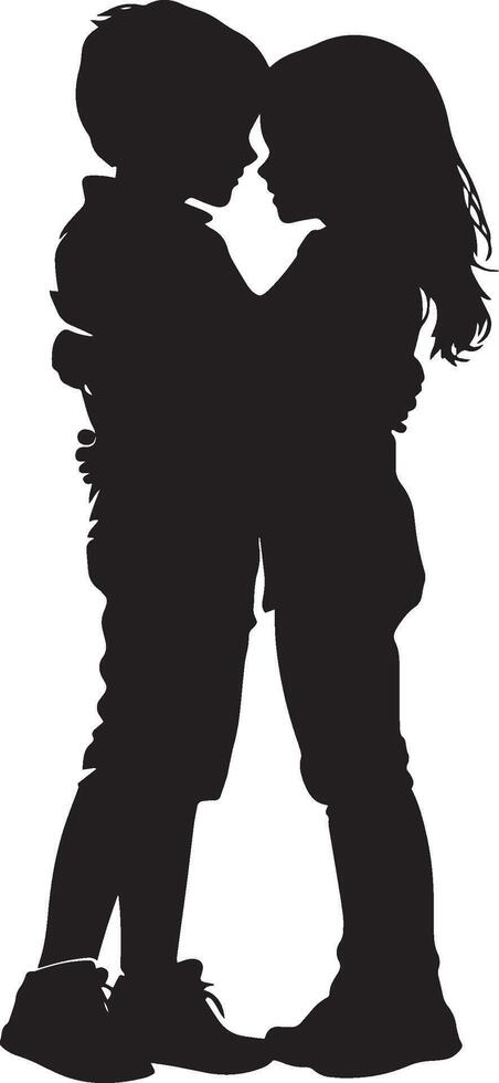 Child Embracing a Friend Silhouette A black image of a child giving a hug to a friend or sibling. vector