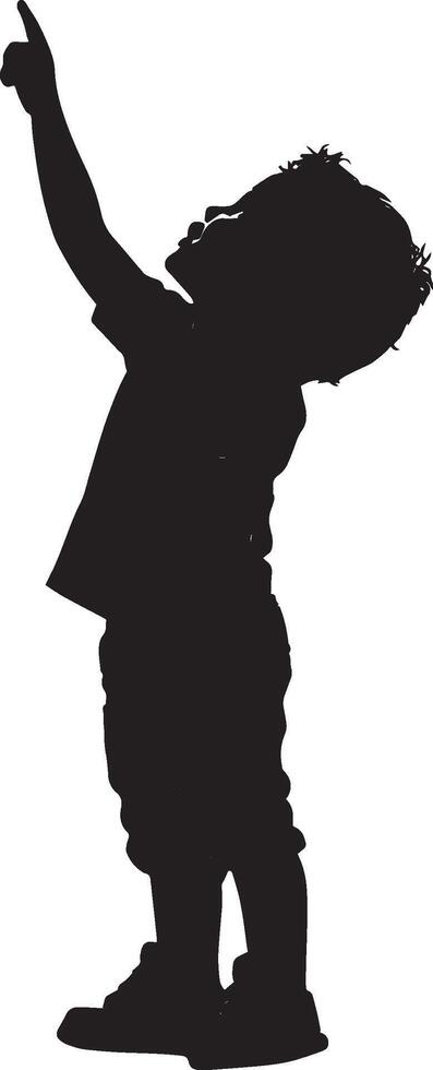 Full-length silhouette of a kid pointing excitedly at the sky. vector