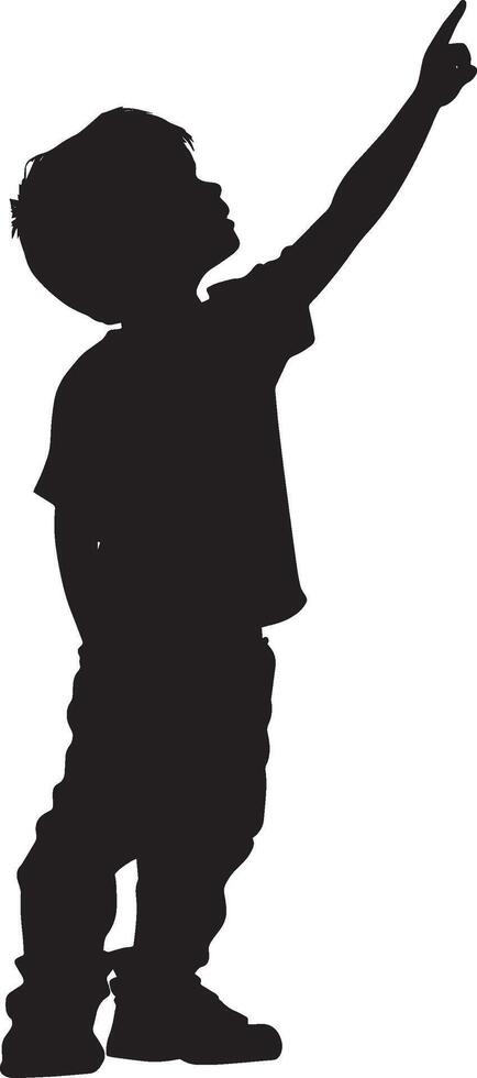 A black image of a child with one arm stretched toward the sky, looking up. vector