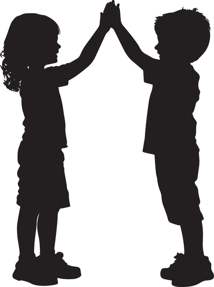 Children Giving a High-Five Silhouette A black image of two kids high-fiving with hands meeting mid-air. vector