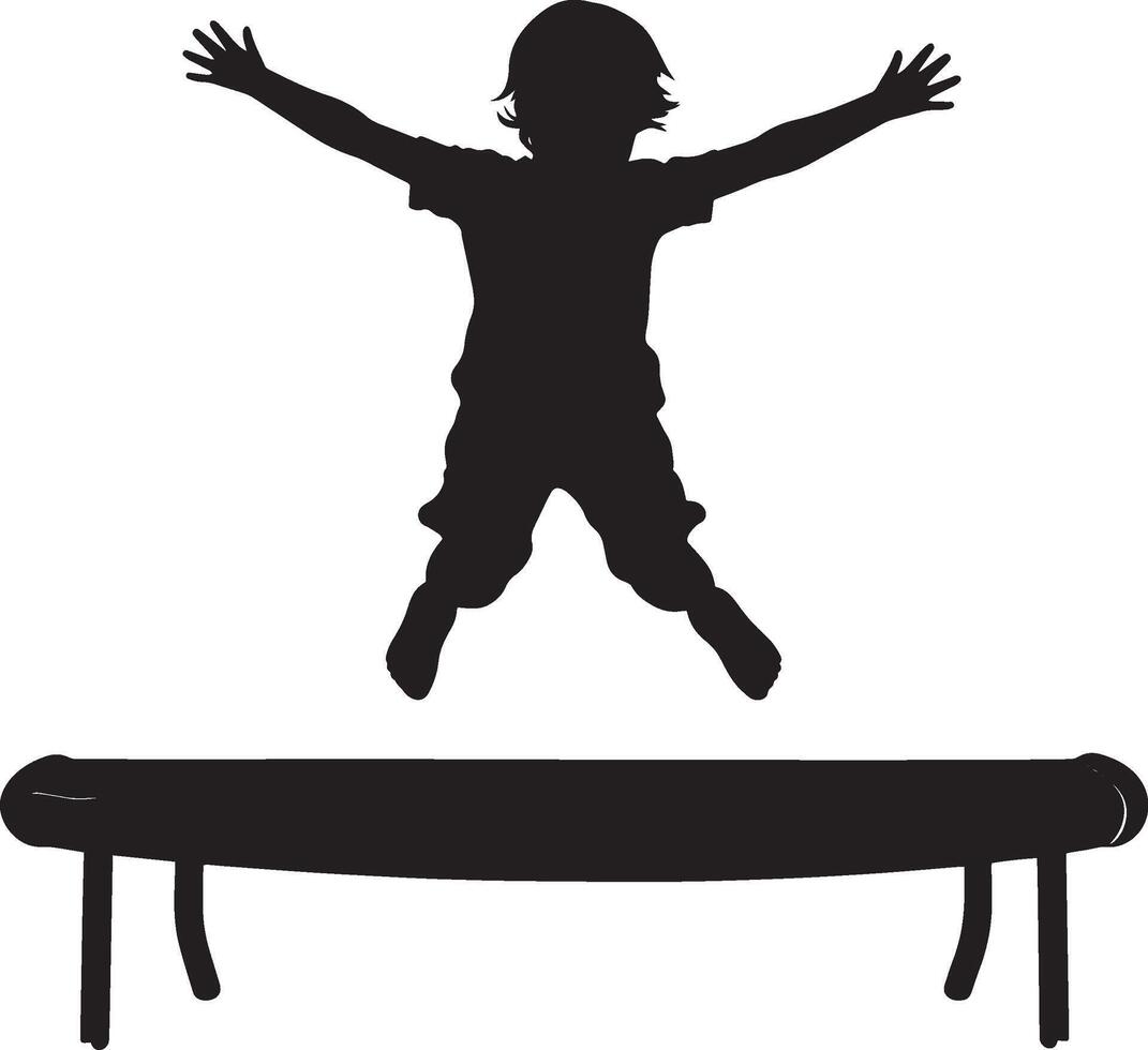 Silhouette of a Child Jumping on a Trampoline Full-length black illustration of a kid mid-air with arms spread wide. vector