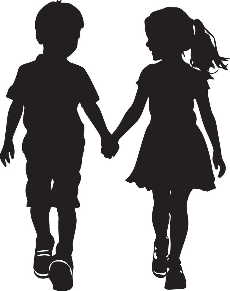 Kids Walking Hand-in-Hand Silhouette A black image of two children holding hands, walking side by side. vector