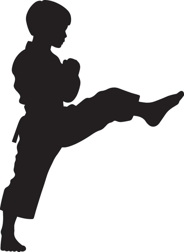 Karate Kick Silhouette A black image of a child in a martial arts stance, executing a high kick. vector
