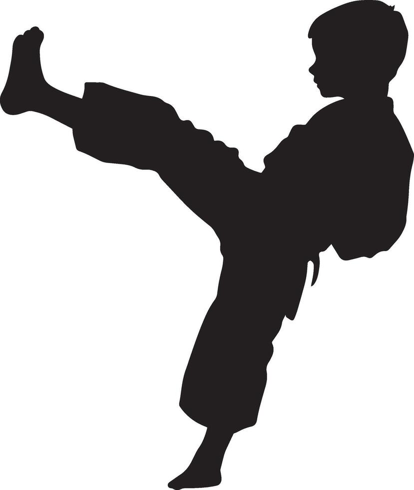 Illustration of a Martial Arts Kick Silhouette of a child in a karate stance with a leg lifted in a kick. vector
