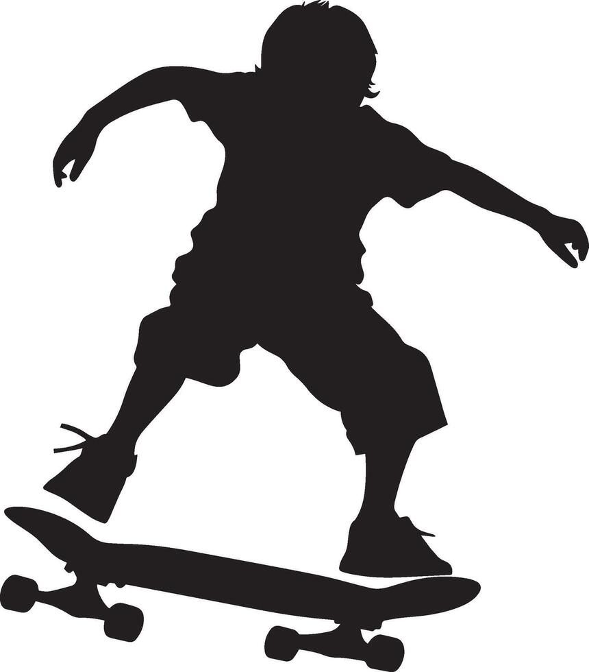 Full-Length Silhouette of a Young Skater Black illustration of a child actively skateboarding, one foot propelling forward. vector