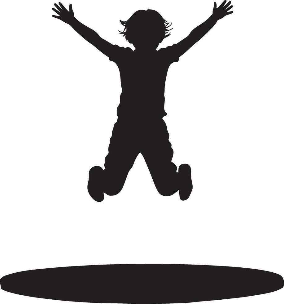 Child in Mid-Jump on Trampoline Silhouette A black image of a child with arms outstretched, jumping on a trampoline. vector