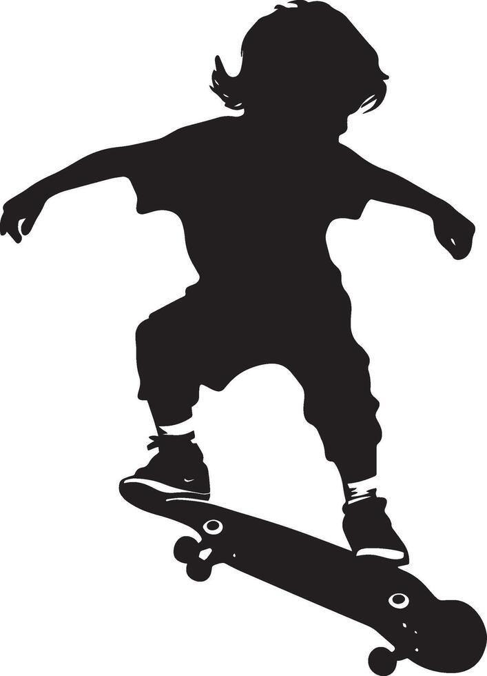 Child in Motion on a Skateboard Silhouette Full-length silhouette of a kid gliding forward, one foot pushing off the ground. vector