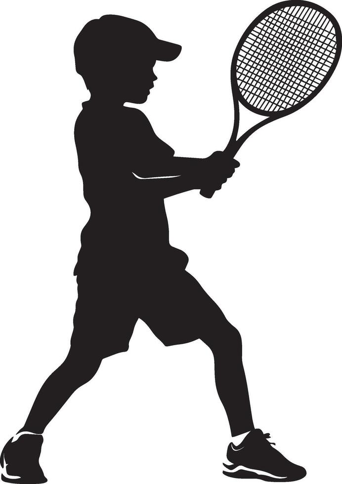 Tennis Swing Silhouette A black image of a child preparing to hit a ball with a racket. vector