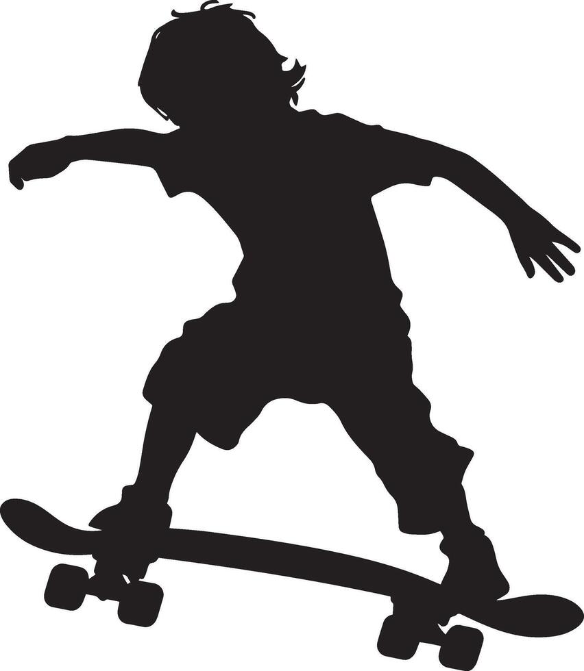 Silhouette of a Child Skateboarding Full-length black illustration of a kid balancing on a skateboard, one foot pushing off. vector
