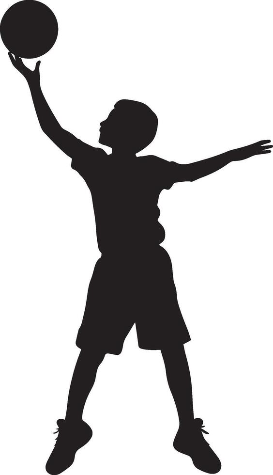 Child Making a Basketball Shot Silhouette Full-length silhouette of a kid with arms outstretched, ball leaving their hands. vector